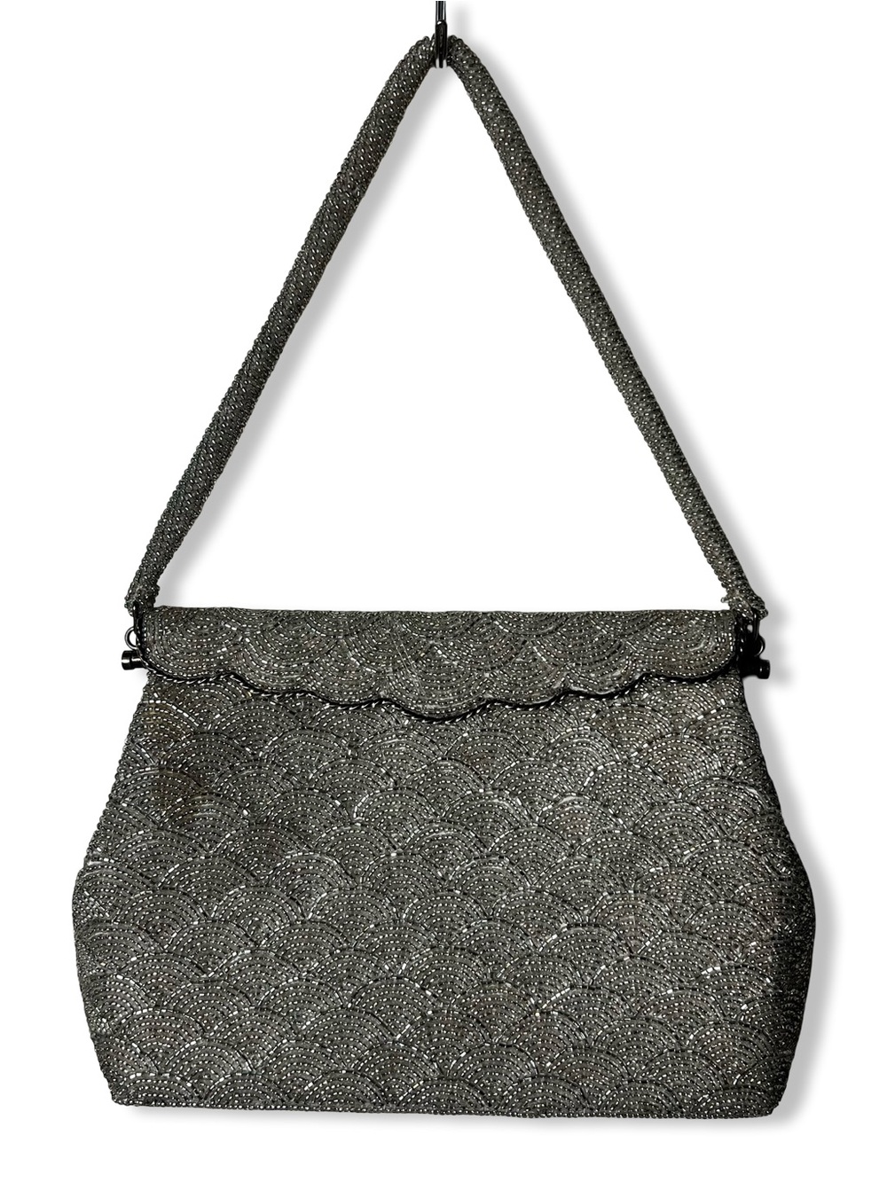 VTG 50s Art Deco Silver Beaded Scallop Shell‎ Evening Bag with Beaded Strap